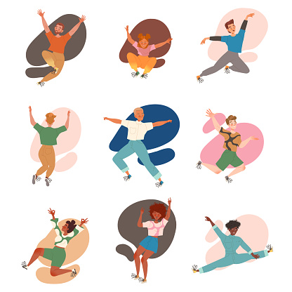 Happy People Character Jumping with Joy Feeling Excitement Vector Set. Young Man and Woman Celebrating Victory and Success Rejoicing and Cheering Concept
