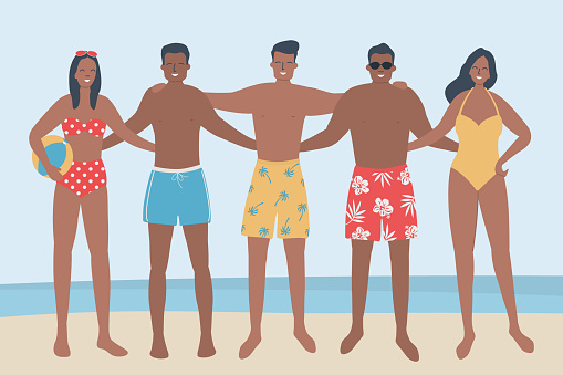 Young people in beach wear stand on the seashore. Young women and young men in swimsuits and swimming trunks are standing together. Friends in beach suits are standing and hugging. Vector