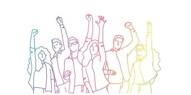 Happy people raised arms. Happy people raised arms. Rainbow colors in linear vector illustration. success clipart stock illustrations