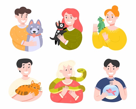 Happy pet owners vector illustration set. Collection of smiling people with different pets in flat cartoon style. Isolated elements on white background.