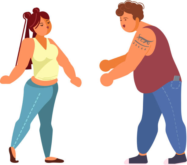 Happy plus size girls and boy are dancing Body positive. Happy plus size girls and boy falls in love are dancing together. Flat Art Vector illustration big fat girl drawing stock illustrations