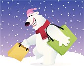 vector illustration of happy polar bear shopping in winter sales.