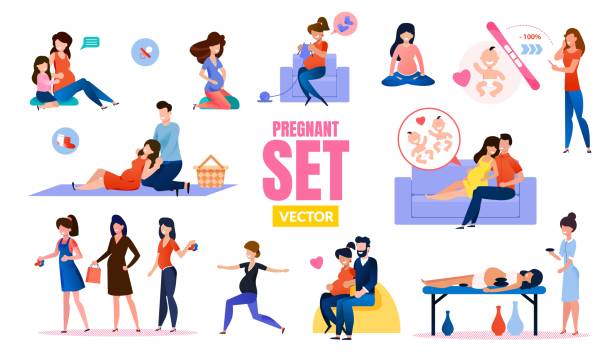 stockillustraties, clipart, cartoons en iconen met gelukkige zwangere vrouw platte vector tekens instellen - pregnant couple outside