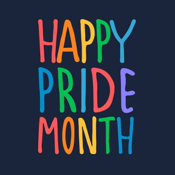 ilustraciones, imágenes clip art, dibujos animados e iconos de stock de diseño de saludo del mes del orgullo feliz. texto de color arco iris con letras a mano. concepto de celebración de la diversidad sexual - pride month