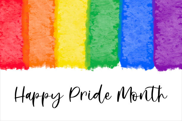 happy pride month horizontal banner with colorful rainbow paint strokes on white background. cute watercolor textured vector border. lgbt community celebration 2022. - lgbtqi驕傲活動 幅插畫檔、美工圖案、卡通及圖標
