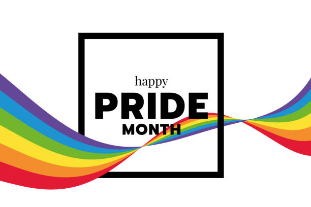 ilustrações, clipart, desenhos animados e ícones de feliz texto do mês do orgulho em quadro quadrado e onda de bandeira arco-íris em torno do design vetorial - lgbt