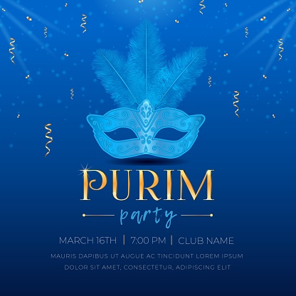Happy Purim, Jewish holiday celebration party invitation. Masquerade Carnival masks with feathers, sparkles, golden serpentine, and 3d text on blue background Vector illustration.
