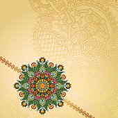 Happy Rakhi greeting card for indian holiday Raksha Bandhan with original ornamental bangle on floral light background, vector illustration