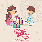 Happy Raksha Bandhan, Rakhi, brother and sister love and gifts greeting poster, card, vector illustration