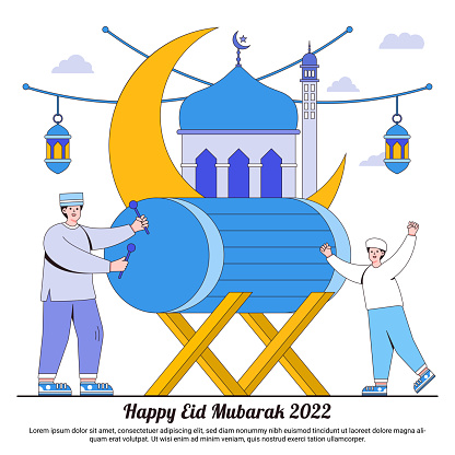 Happy Ramadan Mubarak Greeting with Moon, Lantern, and Muslim Drummer Characters