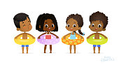 Happy Relax Holiday Children Swimming Pool Party. Swimsuit Boy Character with Yellow Ring on Fun Sea Resort. Afro American Girls Relax Sunny Vacation Flat Cartoon Vector Illustration