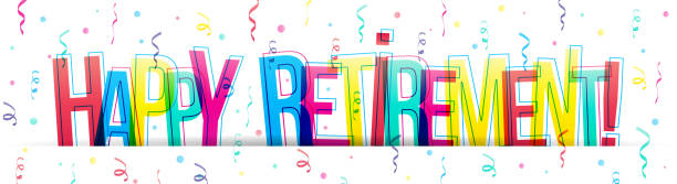 Happy Retirement! Greeting card Colorful letters with confetti. Horizontal banner or header for the website. Vector illustration. retirement stock illustrations