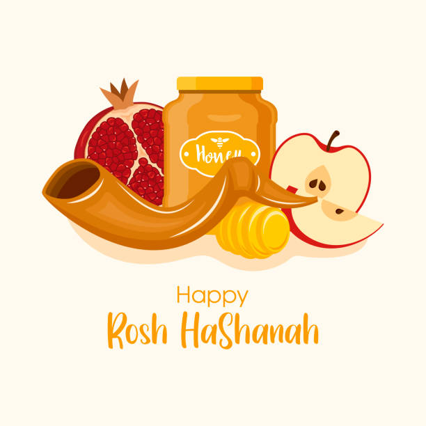 Happy Rosh Hashanah poster with shofar, fruit and honey vector Shofar horn, jar of honey, pomegranate and apples icon set vector. Jewish New Year design element. Important day rosh hashanah stock illustrations