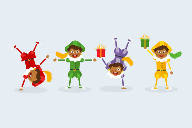 stockillustraties, clipart, cartoons en iconen met 01. gelukkige sinterklaasdag - nederlandse traditionele folklore kinderen met geschenken - sinterklaas cadeaus