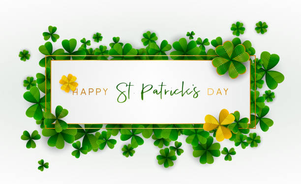 Happy Saint Patrick's Day background. Vector illustration. Happy Saint Patrick's Day background, greeting card with green and gold four and tree leaf clovers, modern geometric template, trendy paper art design. Vector illustration. march month stock illustrations