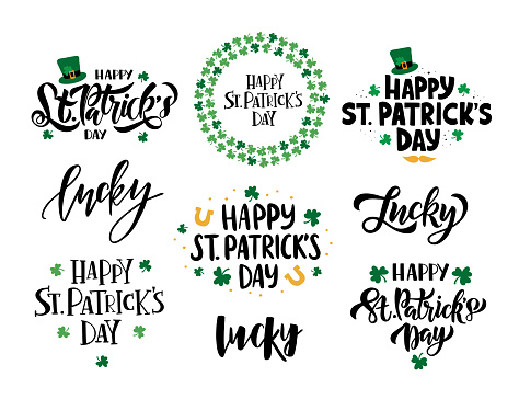 Happy Saint Patrick's day celebration illustration set. Hand drawn vector black lettering. Beer festival poster. Design for card, banner, mug, t-shirt.