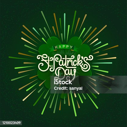 istock Happy saint Patricks day greeting poster with 3d paper lettering text. lettering on starburst beautiful background. Template for greeting card with lettering and rays. Vector illustration. 1210023409