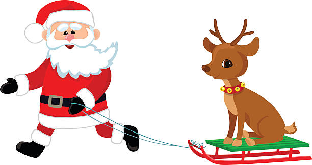 Happy Santa driven in a sleigh Rudolf. Cartoon illustration.  rudolph the red nosed reindeer stock illustrations