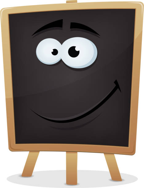 Happy School Chalkboard Character Vector illustration of a happy school classroom blackboard character for education advertisement. File is EPS10 and uses multiply transparency at 100% on chalkboard feet. Vector eps and high resolution jpeg files reentry stock illustrations