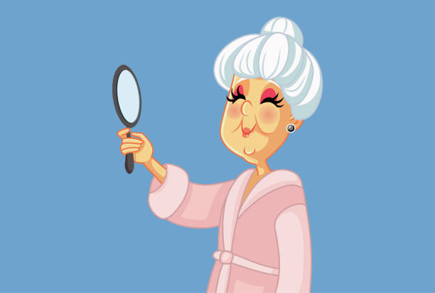 Happy Senior Woman Looking in the Mirror Vector Cartoon Elderly lady feeling self-confident and taking care of her skin cartoon of a wrinkled old lady stock illustrations