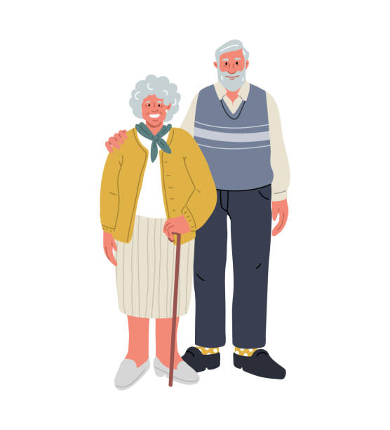 Happy seniors people.Man with bart,woman with cane.Very old people.Vector flat Happy seniors couple.Relationships in old age.Woman with cane,man with bart.Two elderly people standing,hugging and smiling.Vector flat illustration in cartoon style. cartoon of a wrinkled old lady stock illustrations