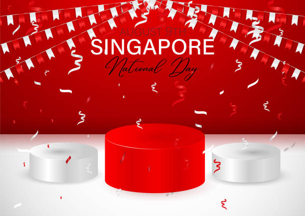 happy singapore day with three podiums and flag confetti  for sales promotion, vector background - 印尼國旗 幅插畫檔、美工圖案、卡通及圖標
