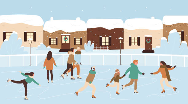 Happy skater people skating on ice rink, Christmas event Happy people skating on ice rink vector illustration. Cartoon skater characters wearing skates, enjoy Christmas and New Years holiday activity and outdoor family winter xmas event concept background cartoon of a stadium crowd stock illustrations