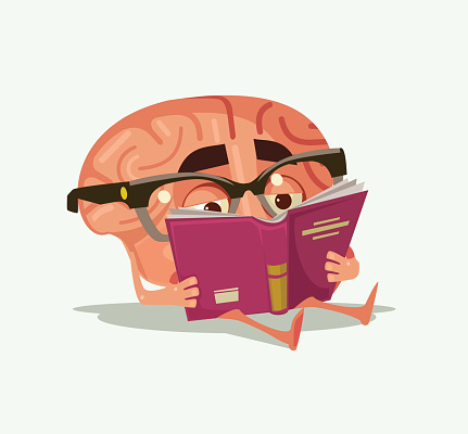 Happy smiling brain character read book