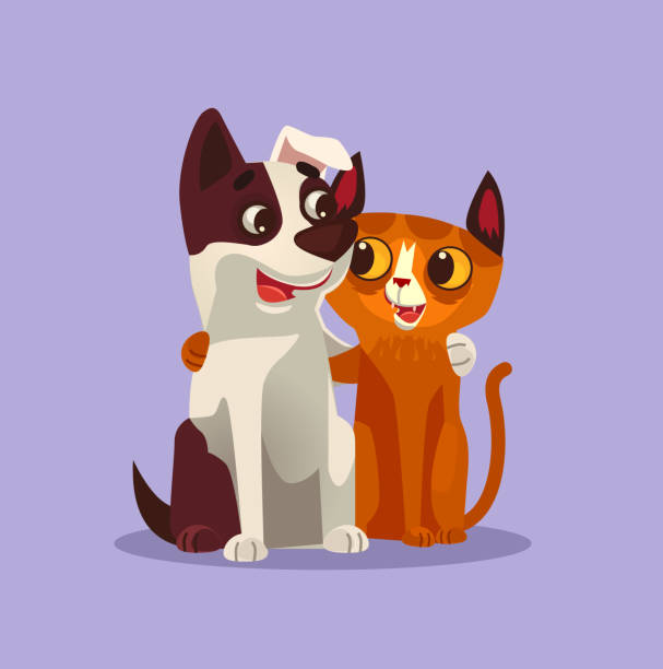 stockillustraties, clipart, cartoons en iconen met gelukkig lachend kat en hond tekens beste vrienden - twee dieren