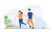 Happy smiling couple running at summer park flat vector illustration. Two cartoon runners jogging marathon together. Sport and healthy lifestyle concept