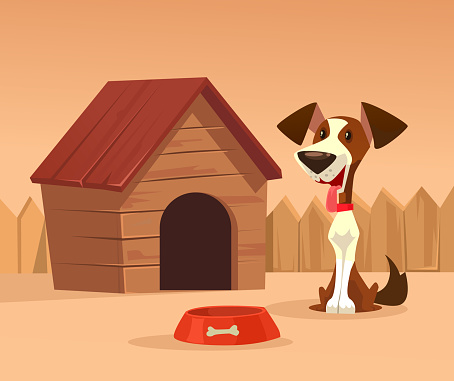 Happy smiling dog character guards house