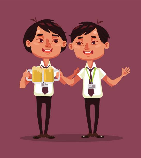 stockillustraties, clipart, cartoons en iconen met gelukkig lachend dronken twee office werknemers aziatische zakenmensen tekens vieren succesvol bedrijf - happy friday emoticon