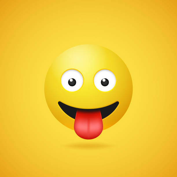 Happy smiling emoticon with stuck out tongue Happy smiling emoticon with stuck out tongue on yellow gradient background. Vector funny yellow cartoon Emoji icon. 3D illustration for chat or message. stick out tongue emoji stock illustrations