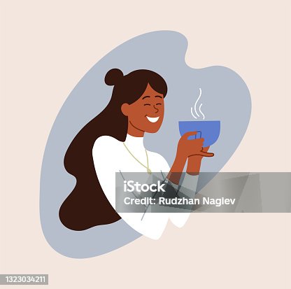 istock Happy smiling female character is enjoing her coffee 1323034211