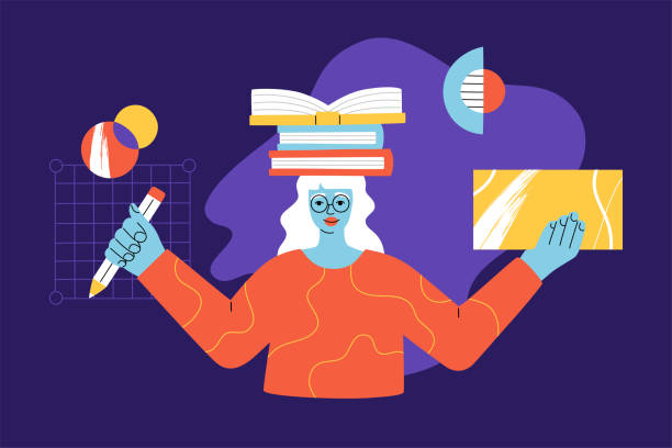 Happy smiling girl with books on her head and pencil in hand studying and learning vector art illustration