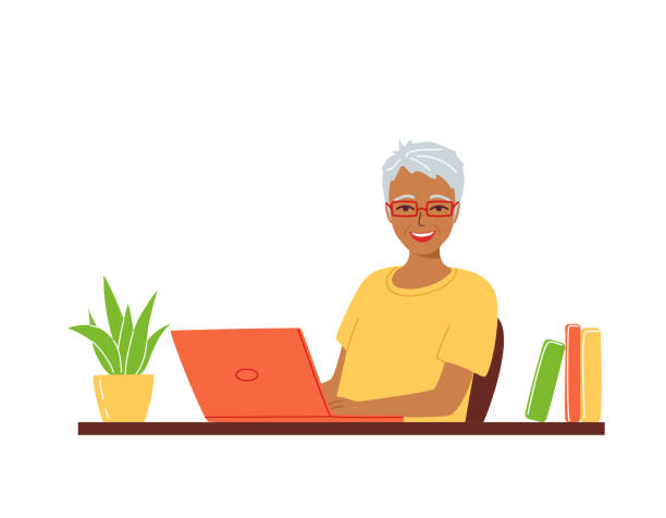 幸せな笑顔の白髪の高齢女性は、ラップトップ付きのテーブルに座っています。自宅からのリモートワークと教育のコンセプト、eラーニング、現役退職シニアの再訓練。ベクトルの図 - 定年　女性点のイラスト素材／クリップアート素材／マンガ素材／アイコン素材