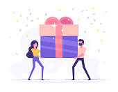 Happy smiling man and woman are carrying a large gift box. Bonus or special offer. Present. Modern vector illustration.