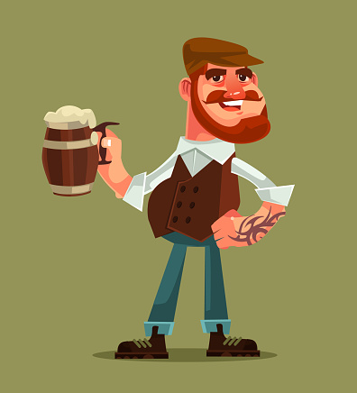 Happy smiling man character hold mug of beer
