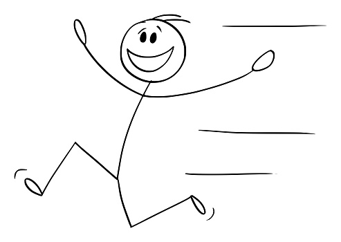 Happy Smiling Person Running with Arms Open , Vector Cartoon Stick Figure Illustration