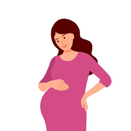 Happy smiling pregnant woman in flat design. Pregnancy female and motherhood vector illustration.