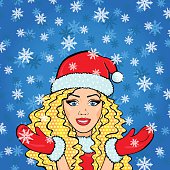 Happy smiling Snow Maiden in snow, vector pop art comic style blonde woman in red snow maiden costume