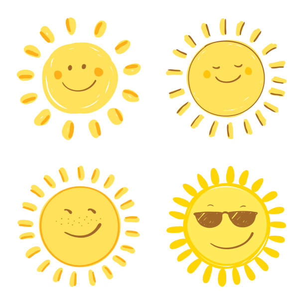 Happy smiling sun Happy smiling sun. Set of four variations. Vector design elements. Hand drawn images on a white background. cartoon sun with sunglasses stock illustrations