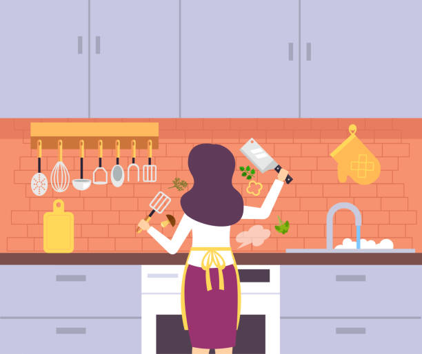 ilustrações de stock, clip art, desenhos animados e ícones de happy smiling woman housewife cooking. vector flat cartoon graphic design illustration - woman chopping vegetables
