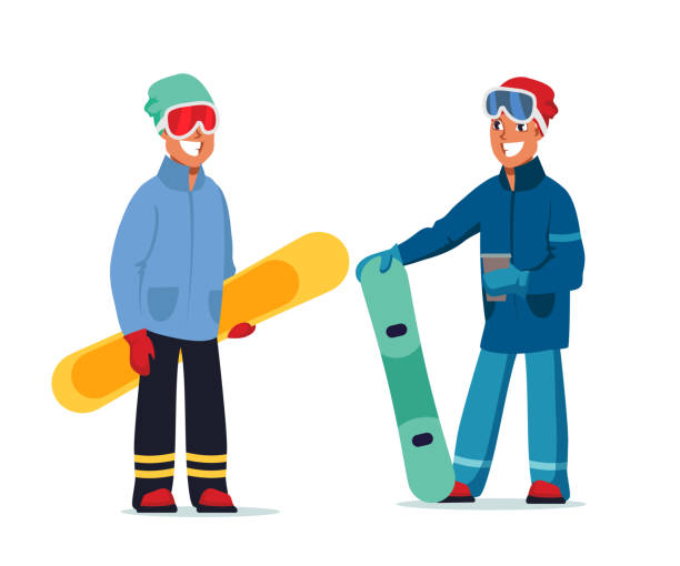 stockillustraties, clipart, cartoons en iconen met happy snowboarders platte vector illustratie - posing with ski