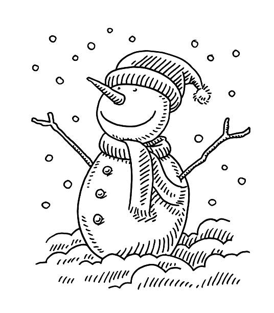 Happy Snowman Winter Drawing Hand-drawn vector drawing of a Happy Snowman in Winter. Black-and-White sketch on a transparent background (.eps-file). Included files are EPS (v10) and Hi-Res JPG. winter drawings stock illustrations