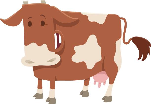 happy spotted milk cow farm animal character Cartoon illustration of happy spotted milk cow farm animal character brown cow stock illustrations