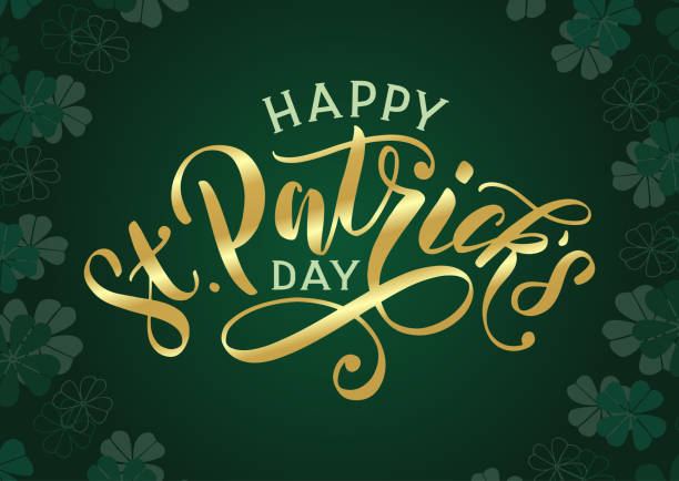 Happy St. Patricks day banner with golden text lettering and clover leaves background. Festive saint patrick day design as banner, poster, card, postcard, flyer, promotion. Vector eps 10 st patricks day stock illustrations