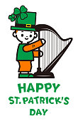 Cute characters vector art illustration.
"Happy St. Patrick's Day" handwriting text and a cute boy in Saint Patrick's Day costume playing the harp.