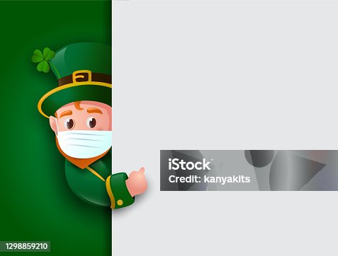 istock Happy St. Patrick's Day. Leprechaun wearing face mask with big signboard. 1298859210