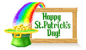 Happy St Patricks Day sign with a leprechaun hat full of gold coins at the end of a rainbow illustration. In pixel art 8 bit arcade video game style